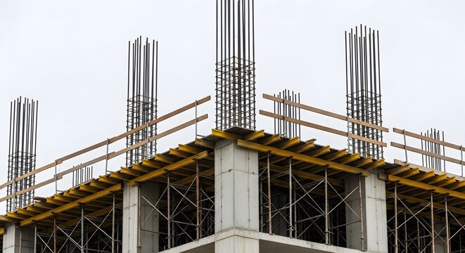 Construction site with rebar columns and scaffolding