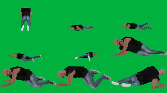 A man doing handstant on green screen و in black shirt is trick animated chromakey background colorful style creative backgrounds emotion expression illustration composition frame elements