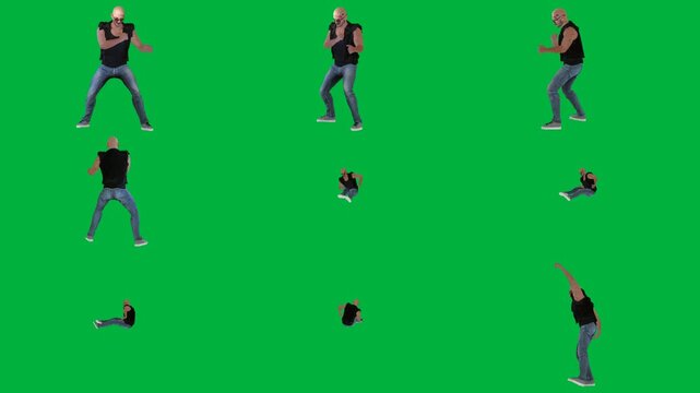 A man is dancing on green screen و in black shirt animated chromakey background gesture style motion expression depth design cartoonish backgrounds layers figure colorful frame elements