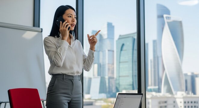 Asian businesswoman in attire talking on a mobile phone and gesturing while looking out