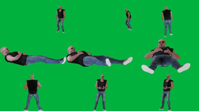 A man is doing trick on green screen و animated chromakey background elements gesture style illustration design figure creative emotion layers composition depth movement cartoonish