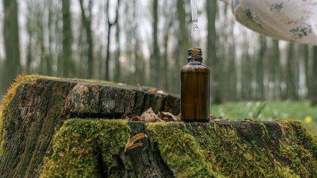 Amber glass dropper bottle with liquid on mossy tree stump in forest