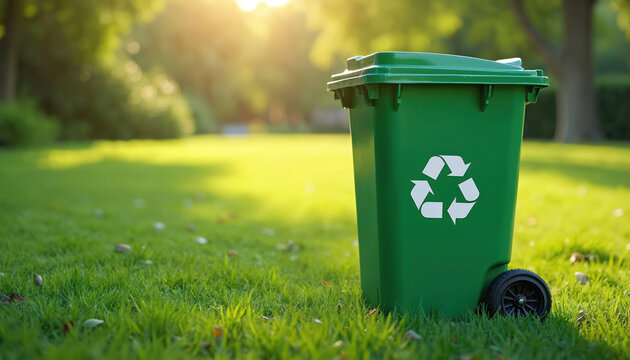 Green recycling bin with universal recycle symbol sits on rich green grass. Soft sunlight illuminates trees and lawn in background. Provides ample copy space for eco themes.