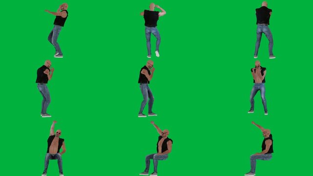 A man in black shirt is dancing on green screen و animated chromakey background scene movement backgrounds elements layers frame motion figure gesture illustration colorful design creative