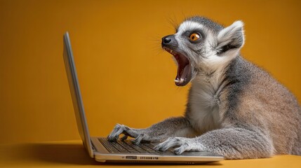Fototapeta premium A lemur at a laptop. At a desk in an office. Screaming loudly. Photographed against a color background.
