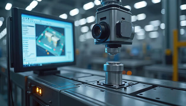 Automated machine vision system inspects component on assembly line. Computer displays 3D model and data. Factory production with smart tech ensures quality control and accuracy.