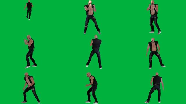 A man is dancing on green screen و in black shirt animated chromakey background cartoonish style expression motion gesture creative layers depth figure colorful movement emotion scene