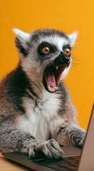 Fototapeta premium A lemur at a laptop. At a desk in an office. Screaming loudly. Photographed against a color background.
