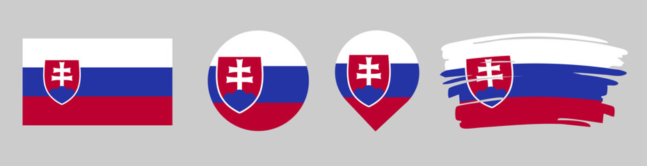 Fototapeta premium Slovakia Flag Set - National Banner in Rectangle Circle Map Pin and Brush Stroke Styles on Gray Background