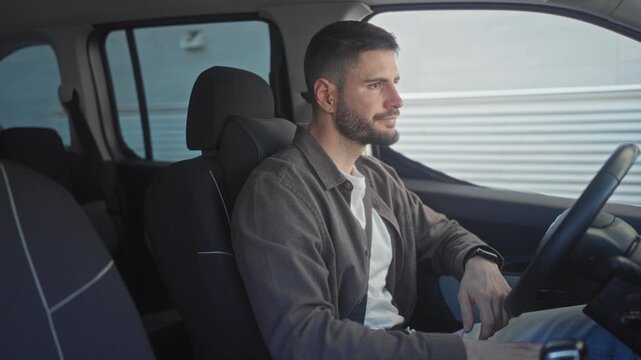 Man resting hand on steering wheel inside building with profile gaze out the window; pensive waiting.