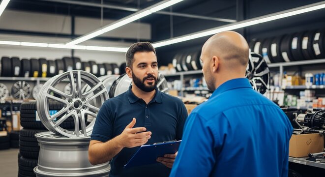 Auto mechanic consulting with customer about car wheels and tires in a shop