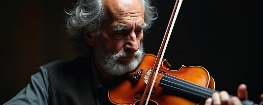 Elderly man plays violin with intense focus. Grey hair, beard frame face as creates music. Instrument held close, bow moving on strings. Dark background emphasizes musician concentration, artistry.