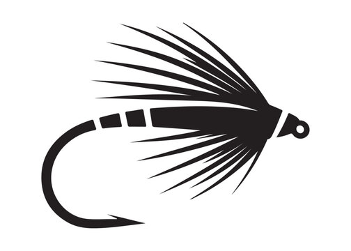 Black silhouette of a fly fishing logo vector, fly fishing lure logo icon silhouette, fly fishing hook silhouette, fly fishing flies silhouette vector design on white background