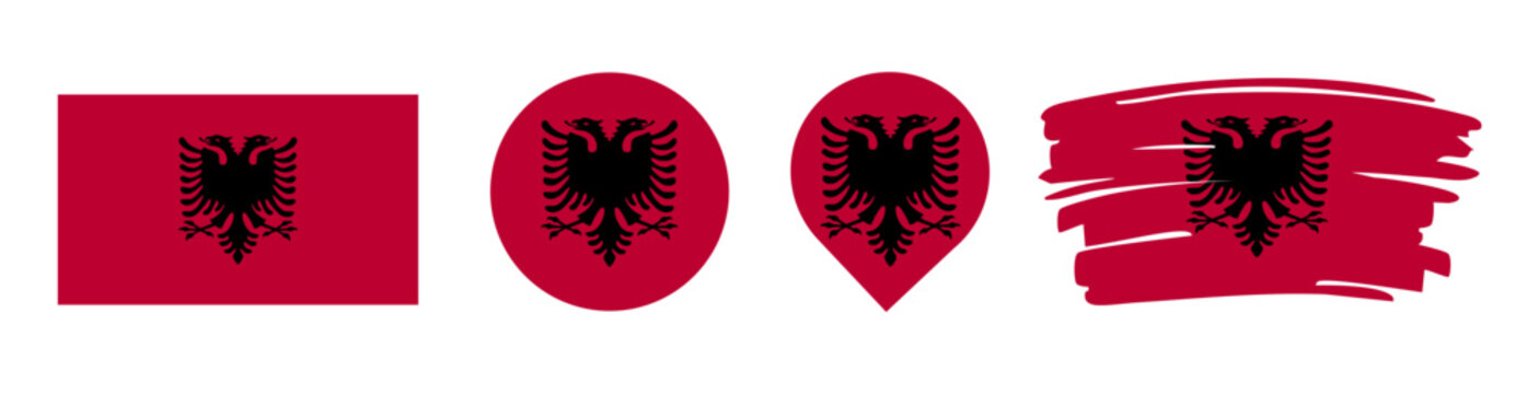 Albania Flag Set - National Banner in Rectangle Circle Map Pin and Brush Stroke Styles on White Background