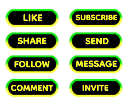 Neon Green and Yellow Glow 3D Social Media UI Button Set , Glossy Rounded Interface Elements for Like Subscribe Share Send Follow Message Comment Invite Actions, Modern Digital App Icons Collection 