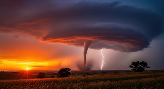 Dramatic Tornado Landscape A Powerful Force of Nature at Sunset.