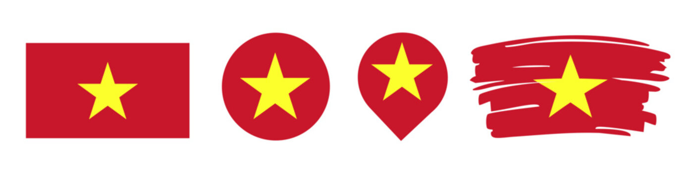 Vietnam Flag Set - National Banner in Rectangle Circle Map Pin and Brush Stroke Styles on Gray Background