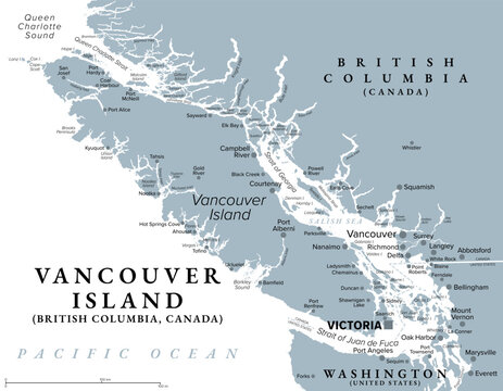 Vancouver Island, Canada, gray political map, with Victoria, capital of British Columbia. Island in the northeastern Pacific Ocean, east of Greater Vancouver, and north of Washington State. Vector