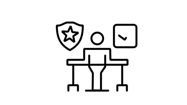 Secure Professional Workspace Motion Icon. Motion icon of a person at a desk with a star shield and clock, representing high-security professional work and time-sensitive tasks.
