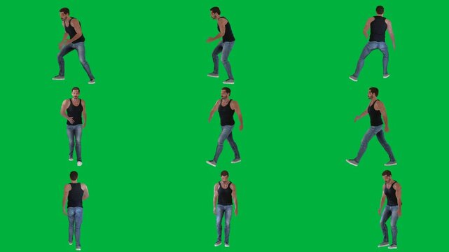 A man in black tank top and jeans is dancing on green screen و shirt walking woman animated chromakey background layers composition scene movement elements colorful cartoonish figure