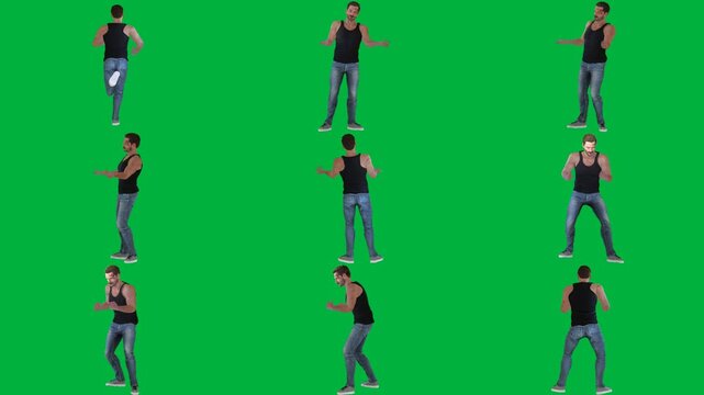 A man in jeans and black shirt is walking on green screen و tank top dancing animated chromakey background cartoonish figure composition style depth scene frame design layers elements