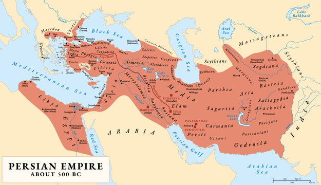 Persian Empire at its greatest extent, history map. The Achaemenid dynasty about 500 BC. Red highlighted are the Royal Road and the capitals Babylon, Pasargadae, Persepolis, Ecbatana, and Susa. Vector