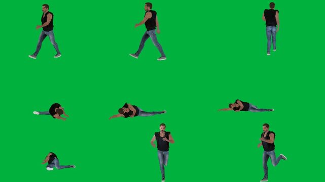 A man in black shirt is walking on green screen و woman dancing group of people animated chromakey background cartoonish style illustration motion composition figure depth movement