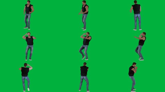 A man in jeans and black t - shirt is walking on green screen و dancing animated chromakey background backgrounds scene elements emotion movement illustration colorful composition expression