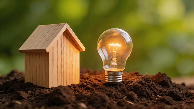 Model wooden house and glowing electric lightbulb planted in fertile soil representing green energy sustainable living ecofriendly architecture real estate investment growth power