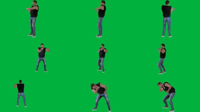 A man in black shirt is dancing on green screen و doing handstant tricks animated chromakey background figure design colorful motion emotion creative layers expression elements style