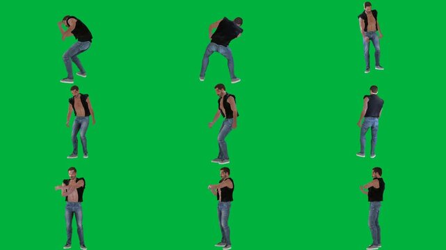 A man in jeans and black shirt is dancing on green screen و t - woman animated chromakey background elements design gesture composition colorful emotion figure creative style layers