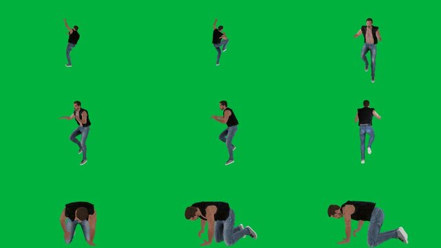 A group of people dancing on green screen و man in jeans and black shirt is animated chromakey background cartoonish design depth movement scene motion emotion frame layers gesture