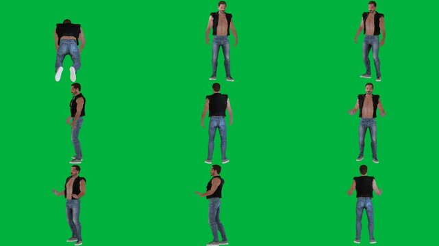 A man in jeans and t - shirt is dancing on green screen و walking animated chromakey background scene creative composition figure style cartoonish backgrounds movement illustration
