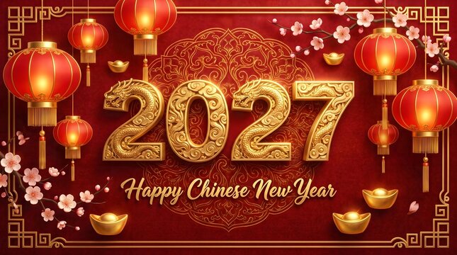 year of the goat zodiac 2027 happy chinese new year lunar china modern logo vector design 4, Chinese new year 2027 golden lanterns and festive celebrations for the lunar new year