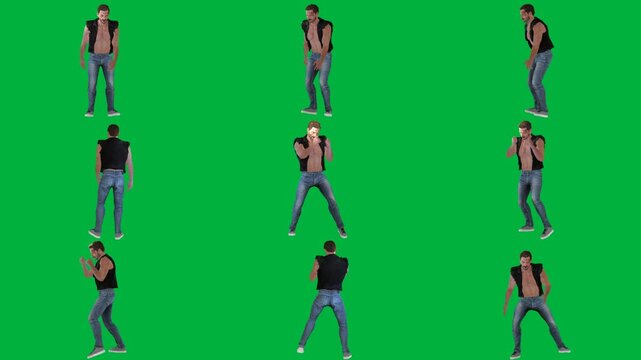 A man in jeans and t - shirt is walking on green screen و dancing black woman animated chromakey background emotion figure creative expression cartoonish movement elements style scene