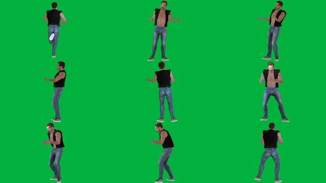 A man in jeans and t - shirt is walking on green screen و black dancing animated chromakey background scene layers gesture figure design depth frame composition elements emotion movement