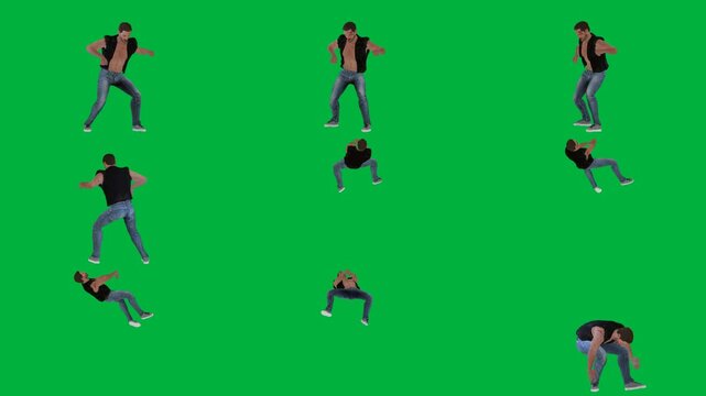 A man in black shirt is dancing on green screen و group of people animated chromakey background cartoonish emotion expression colorful composition motion gesture movement design depth