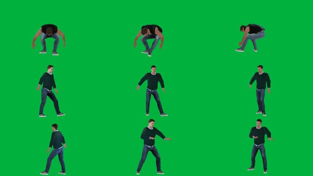 A man in black shirt is dancing on green screen و doing trick tricks handstant animated chromakey background composition cartoonish gesture movement emotion figure scene layers backgrounds