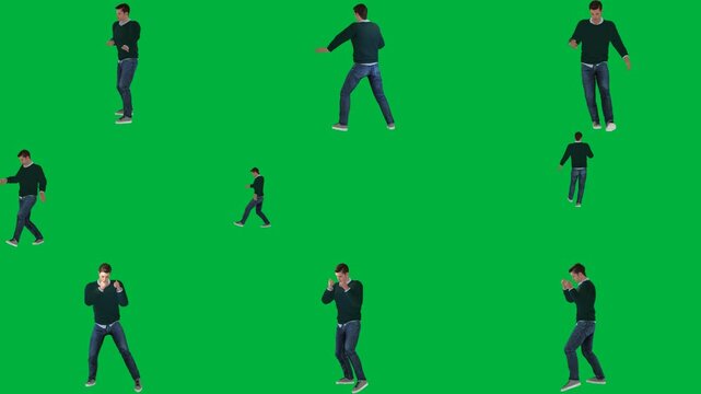 A man in black shirt is dancing on green screen و group of people walking across animated chromakey background composition cartoonish style expression gesture depth scene figure colorful