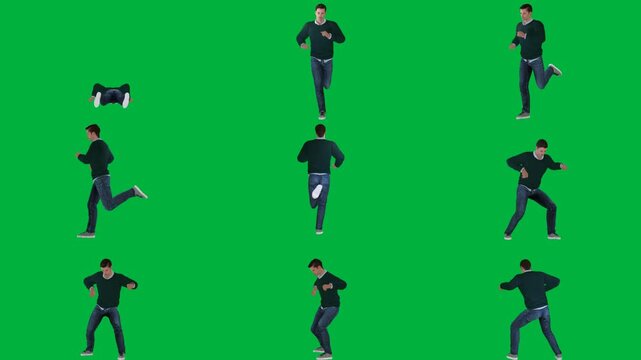 A man in black shirt is dancing on green screen و animated chromakey background depth composition expression motion frame emotion creative scene elements figure illustration movement