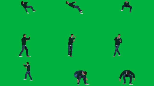 A group of people dancing on green screen و man is falling down doing yoga poses handstant animated chromakey background scene illustration style backgrounds movement layers elements