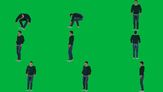 A man in black shirt is dancing on green screen و doing handstant standing trick group of people line animated chromakey background layers style illustration gesture depth emotion creative