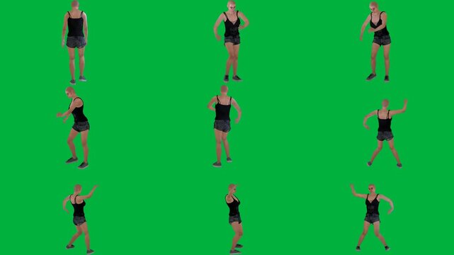 A woman in black tank top and shorts is dancing on green screen و dress swimsuit doing exercises yoga poses running animated chromakey background emotion gesture depth creative style