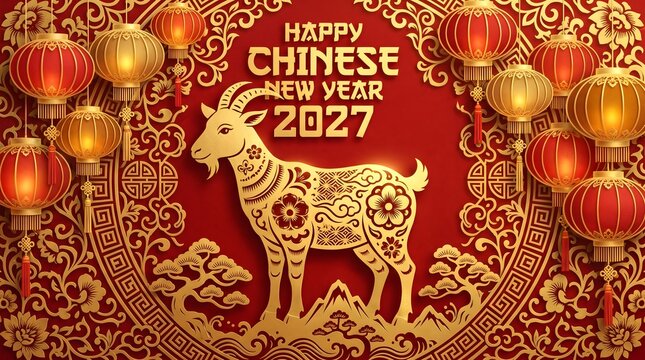 year of the goat zodiac 2027 happy chinese new year lunar china modern logo design, chinese new year 2027 golden goat zodiac celebration lanterns
