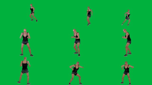 A woman is dancing on green screen و in black top doing yoga poses exercises and shorts animated chromakey background backgrounds emotion elements motion depth cartoonish creative composition