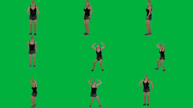 A woman in black bathingsuit on green screen و is doing exercises swimsuits walking dress dancing swimsuit animated chromakey background scene illustration backgrounds elements creative