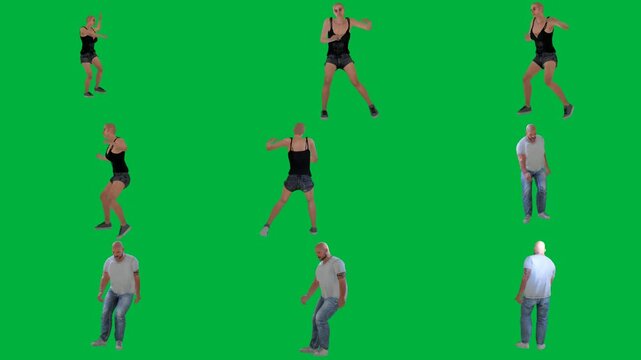 A group of people dancing on green screen و man and woman are animated chromakey background emotion frame movement gesture motion illustration colorful expression scene cartoonish style
