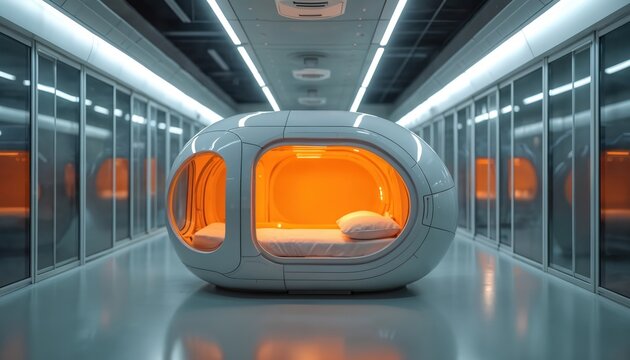 Futuristic sleep pod with orange interior and white bedding sits in sterile corridor. Advanced personal capsule offers rest and comfort in modern sterile facility. Futuristic architecture and design.
