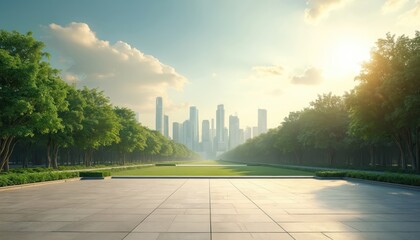 Naklejka premium Wide paved plaza overlooks green parkway leading to city skyline. Tall trees line path under bright sunny sky. Open area suitable for presentations or advertising.