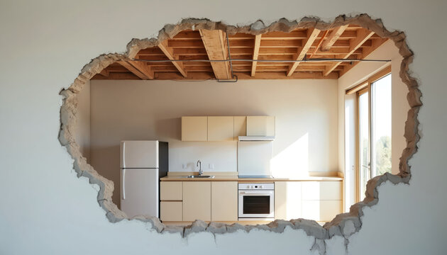 Jagged hole in wall exposes kitchen interior with cabinets and appliances. Exposed ceiling beams and wooden joists above. Construction site or renovation project.